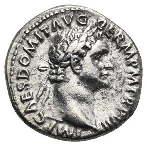 obverse: Domitian, 81-96. Denarius (Silver, 19.00 mm, 3.35 g) Rome, 88/89. IMP CAES DOMIT AVG GERM P M TR P VIII Laureate head of Domitian right. Rev. IMP XIX COS XIIII CENS P P P Minerva draped and helmeted standing left, holding thunderbolt in the right hand, spear in the left hand and shield at her feet behind to right. RIC II, 669; Cohen 251; BMC 153. Very fine.


