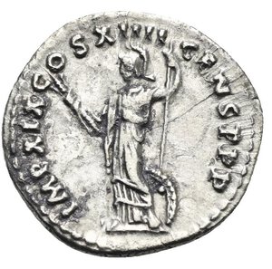 reverse: Domitian, 81-96. Denarius (Silver, 19.00 mm, 3.35 g) Rome, 88/89. IMP CAES DOMIT AVG GERM P M TR P VIII Laureate head of Domitian right. Rev. IMP XIX COS XIIII CENS P P P Minerva draped and helmeted standing left, holding thunderbolt in the right hand, spear in the left hand and shield at her feet behind to right. RIC II, 669; Cohen 251; BMC 153. Very fine.

