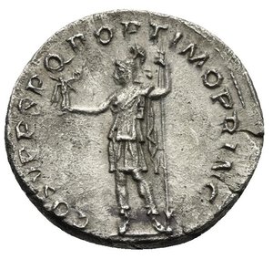 reverse: Trajan, 98-117. Denarius (Silver, 19,81 mm, 2,88 g), Rome. 107-111 AD. Obv. IMP TRAIANO AVG GER DAC P M TR P. Laureate bust right, wearing aegis. Rev. COS V P P SPQR OPTIMO PRINC. Roma standing left, holding Victory and spear. RIC II 115; C. 68. Very Fine.