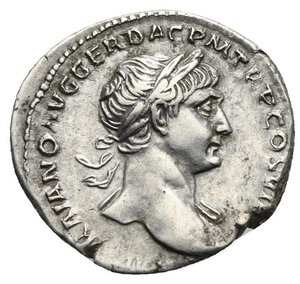 obverse: Trajan, 98-117. Denarius (Silver, 19.00 mm, 3.47 g), Rome, 112-114. [IMP T]RAIANO AVG GER DAC P M TR P COS VI [P P] Laureate bust of Trajan to right, with slight drapery over shoulder. Rev. SPQR OPTIMO PRINCIPI Arabia standing front, head to left, holding branch in right hand and bundle of cinnamon sticks in her left; at her feet to left, a camel; in exergue, ARAB ADQ. RIC II (first edition), 245. Cohen II, 20, 26. BMCRE III, 96, 474. Well centered with a fine portrait. Nearly Extremely Fine.