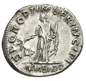 reverse: Trajan, 98-117. Denarius (Silver, 19.00 mm, 3.47 g), Rome, 112-114. [IMP T]RAIANO AVG GER DAC P M TR P COS VI [P P] Laureate bust of Trajan to right, with slight drapery over shoulder. Rev. SPQR OPTIMO PRINCIPI Arabia standing front, head to left, holding branch in right hand and bundle of cinnamon sticks in her left; at her feet to left, a camel; in exergue, ARAB ADQ. RIC II (first edition), 245. Cohen II, 20, 26. BMCRE III, 96, 474. Well centered with a fine portrait. Nearly Extremely Fine.