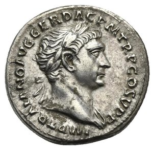 obverse: Trajan, 98-117. Denarius (Silver, 18.90 mm, 2.99 g) Rome, 103-107. IMP TRAIANO AVG GER DAC P M TR P COS V P P Laureate head of Trajan right, drapery on left shoulder. Rev. SPQR OPTIMO PRINCIPI Dacian female captive (personified Dacia) draped and wearing Phrygian cap, seated right with crossed legs on hexagonal shield at ground, the head resting on the left hand in attitude of mourning, the left arm bent on knee of the left bent leg, the right one resting below and resting the right arm along the right hip; Dacian rhomphaia (curved sword) in exergue. RIC II, 218; Cohen 529 var; BMC 179. Toned. Extremely Fine. 

