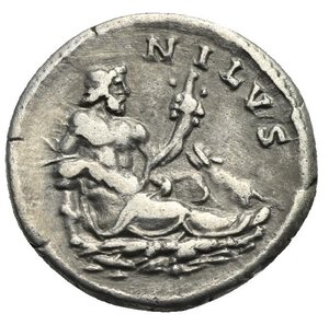 reverse: Hadrian, 117-138. Denarius (Silver, 18.10 mm, 3.03 g). Rome, circa 134-138. HADRIANVS AVG COS III P P Laureate head of Hadrian to left. Rev. NILVS Nilus reclining right on urn, holding cornucopiae in his left hand and reed in his right; at feet, hippopotamus; below, crocodile. RIC II (first edition), 310 var. (Hadrian right).  RIC (second edition), 1545.Cohen II, 188, 991 var. (Hadrian right). Toned. Very Fine. Extremely rare.



