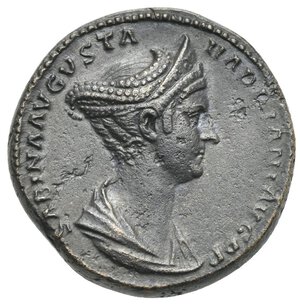 obverse: Sabina. Wife of Hadrian, 128-136/7. As (Bronze, 26.94 mm, 12.48 g). Rome mint. SABINA AVGVSTA HADRIANI AVG P P Draped bust to right, wearing stephane. R/ Vesta seated left, holding palladium and sceptre; SC in exergue. Cohen 66. BMC Hadrian 1902. RIC Hadrian 1024. RIC II.3, Hadrian 2496. Dark brown  patina. Superb portraiture of fine artistic style and detail. Good Very Fine.