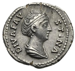 obverse: Faustina I, wife of Antoninus Pius, died 141. Denarius (Silver, 19.00 mm, 3.33 g) Rome, 143. DIVA FAV STINA Draped and diademed bust of Faustina right. Rev. AETER NITAS Providentia standing facing, head turned to left, holding globus on the right hand and rudder in the left hand. RIC 350a; Cohen 34; BMC 288. Minor flan crack, nice portrait. Near Extremely Fine.

