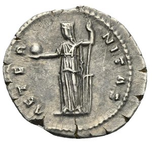 reverse: Faustina I, wife of Antoninus Pius, died 141. Denarius (Silver, 19.00 mm, 3.33 g) Rome, 143. DIVA FAV STINA Draped and diademed bust of Faustina right. Rev. AETER NITAS Providentia standing facing, head turned to left, holding globus on the right hand and rudder in the left hand. RIC 350a; Cohen 34; BMC 288. Minor flan crack, nice portrait. Near Extremely Fine.

