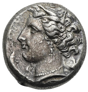 obverse: SICILY. Siculo-Punic. Entella. Tetradrachm (Silver, 22.97 mm, 17.06 g) Circa 320/15-300 BC. Head of Arethusa to left, wearing wreath of grain leaves, triple-pendant earring and pearl necklace; three dolphins swimming around. Rev. Horse head slightly three-quarters to left, palm tree behind to right with two bunches. Punic letter M below the horse’s neck. Jenkins 231 (O72/R198); SNG Lockett 1054; HGC 2, 289. Attractive old cabinet toning. Nearly Extremely Fine. 
From a collection in Switzerland formed prior to 2000
