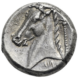reverse: SICILY. Siculo-Punic. Entella. Tetradrachm (Silver, 22.97 mm, 17.06 g) Circa 320/15-300 BC. Head of Arethusa to left, wearing wreath of grain leaves, triple-pendant earring and pearl necklace; three dolphins swimming around. Rev. Horse head slightly three-quarters to left, palm tree behind to right with two bunches. Punic letter M below the horse’s neck. Jenkins 231 (O72/R198); SNG Lockett 1054; HGC 2, 289. Attractive old cabinet toning. Nearly Extremely Fine. 
From a collection in Switzerland formed prior to 2000
