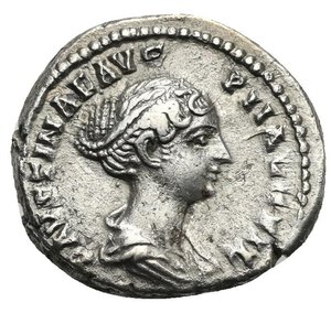 obverse: Faustina Junior, Augusta, 147-175. Denarius (Silver, 19.00 mm, 3.70 g), Rome. Circa 147-150. FAVSTINAE AVG PII A[VG FIL] Draped bust of Faustina II to right, her hair bound with pearls. Rev. V E NVS Venus standing facing, head left, holding apple in her right hand and rudder in her left. RIC III (Antoninus Pius), 517c. Cohen III, 158, 266. BMCRE IV, (Antoninus Pius), 162, 1067. Toned and with a very fine youthful portrait. Good Very Fine.



