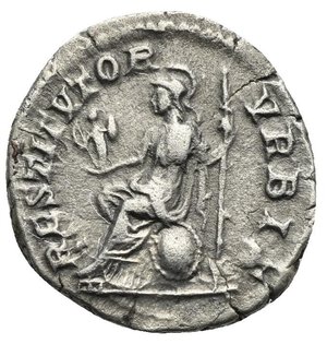 reverse: Septimius Severus, 193-211. Denarius (Silver, 19.40 mm, 3.24 g) Rome, 207. SEVERVS PIVS AVG Laureate head of Septimius Severus right. Rev. RESTITVTOR VRBIS. Roma draped and helmeted, seated left on shield, drapery around her left arm, wearing Palladium on the right hand and spear in the left hand. RIC IV, 288; Cohen 606; BMC 359. Minor flan cracks, otherwise, Very Fine.  


