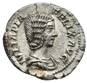 obverse: Julia Domna (wife of Septimius Severus), Augusta, 193-217. Denarius (Silver, 19.50 mm. 3.09 g). Rome, 211-217. IVLIA PIA FELIX AVG Draped bust of Julia Domna to right, with hair in waves and bound up at the back. Rev. PVDICITIA Pudicitia seated left, holding scepter in left hand. RIC IV.1, 385. Cohen IV, 119, 172. BMCRE V, 433, 19 (Caracalla). Extremely Fine. 