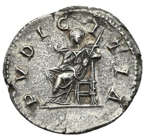 reverse: Julia Domna (wife of Septimius Severus), Augusta, 193-217. Denarius (Silver, 19.50 mm. 3.09 g). Rome, 211-217. IVLIA PIA FELIX AVG Draped bust of Julia Domna to right, with hair in waves and bound up at the back. Rev. PVDICITIA Pudicitia seated left, holding scepter in left hand. RIC IV.1, 385. Cohen IV, 119, 172. BMCRE V, 433, 19 (Caracalla). Extremely Fine. 