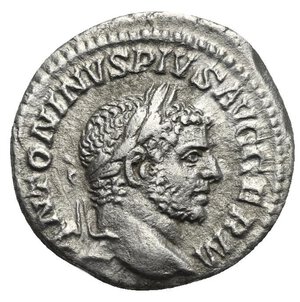 obverse: Caracalla, 198-217. Denarius (Silver, 18.40 mm, 2.70 g). Rome, 216. ANTONINVS PIVS AVG GERM Laureate and bearded head of Caracalla to right. Rev. P M TR P  XVIIII COS IIII P P Sol standing facing, head to left, raising his right hand and holding globe in his left. RIC IV.1, 281b. Cohen IV, 181, 359. BMCRE V, 461,172. Toned. Nearly extremely Fine.