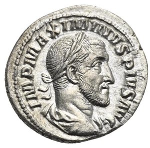 obverse: Maximinus I Thrax, 235-238. Denarius (Silver, 19.92 mm, 3.69 g) Rome, 235. IMP MAXIMINVS PIVS AVG. Laureated and draped head of Maximinus right. Rev. P M T R PPP Maximinus in military dress standing facing between two standards, head turned to left, raising the right hand in salute and holding spear in the left hand. RIC IV, 1; Cohen III, 46; BMC 11. Extremely Fine. 
