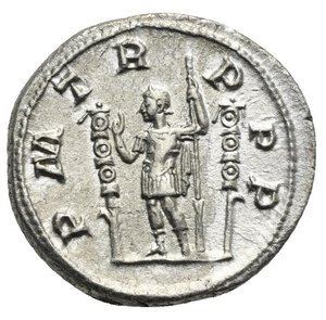 reverse: Maximinus I Thrax, 235-238. Denarius (Silver, 19.92 mm, 3.69 g) Rome, 235. IMP MAXIMINVS PIVS AVG. Laureated and draped head of Maximinus right. Rev. P M T R PPP Maximinus in military dress standing facing between two standards, head turned to left, raising the right hand in salute and holding spear in the left hand. RIC IV, 1; Cohen III, 46; BMC 11. Extremely Fine. 
