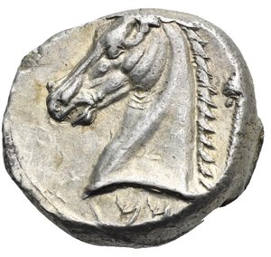 reverse: SICILY. Siculo-Punic. Lilybaion or Entella. Circa 320/315-300 BC. Tetradrachm (Silver, 24.35 mm, 17.05 g) Head of Arethusa to left, wearing wreath of grain leaves, triple-pendant earring and pearl necklace; three dolphins swimming around. Rev. Horse head three-quarters to left, palm tree behind to right with two bunches. ‘MM in punic characters below the horse’s neck. Jenkins 214 (064’/R186); CNP 265a; HGC 2, 287. Toned, Extremely Fine.
From a Swiss collection, formed before 2005.


