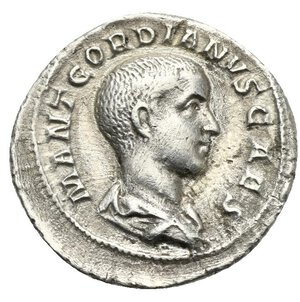obverse: Gordianus III, as Caesar 238. Denarius (Silver, 20.00 mm, 3.20 g) Rome, 22 April - 29 July 238. M ANT GORDIANVS CAES.Draped bust of young Gordianus right. Rev. PIETAS AVG G Pontifical implements: lituus, secespita, guttus, simpulum and aspergillum. RIC IV, 1; Cohen 182; BMC 62. Very Fine and Rare.


