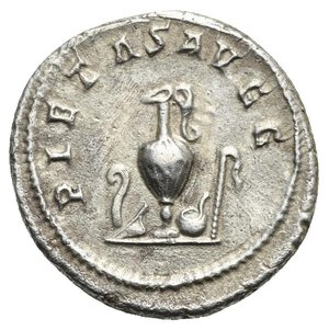 reverse: Gordianus III, as Caesar 238. Denarius (Silver, 20.00 mm, 3.20 g) Rome, 22 April - 29 July 238. M ANT GORDIANVS CAES.Draped bust of young Gordianus right. Rev. PIETAS AVG G Pontifical implements: lituus, secespita, guttus, simpulum and aspergillum. RIC IV, 1; Cohen 182; BMC 62. Very Fine and Rare.


