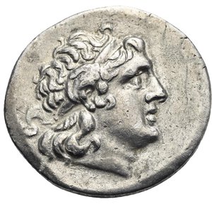 obverse: KINGS OF THRACE. Lysimachos, 305-281 BC. Tetradrachm (Silver, 36.15 mm, 16.57 g) Byzantion, posthumous issue, circa 250/100 BC. Diademed head of deified Alexander wearing horn of Hammon right. Rev. LYΣIMAXOY vertical to left, BAΣIΛΕΩΣ vertical to right. Athena Nikephoros draped and wearing long crested helmet, seated on throne left, holding Nike to left on her right hand crowning the Lysimacho’s name, transverse spear behind her, resting the left arm bent on shield set vertical to right decorated with lion head, monogram in the left field, BY on throne, trident orizontal to left decorated with two dolphins in exergue. Thompson pl. 24, 11a var.; Muller 197. Very Fine.
From a European collection formed prior to 2005.

