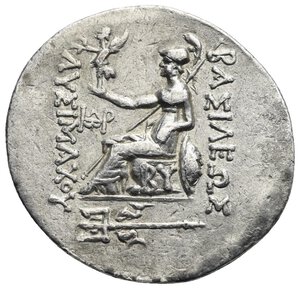 reverse: KINGS OF THRACE. Lysimachos, 305-281 BC. Tetradrachm (Silver, 36.15 mm, 16.57 g) Byzantion, posthumous issue, circa 250/100 BC. Diademed head of deified Alexander wearing horn of Hammon right. Rev. LYΣIMAXOY vertical to left, BAΣIΛΕΩΣ vertical to right. Athena Nikephoros draped and wearing long crested helmet, seated on throne left, holding Nike to left on her right hand crowning the Lysimacho’s name, transverse spear behind her, resting the left arm bent on shield set vertical to right decorated with lion head, monogram in the left field, BY on throne, trident orizontal to left decorated with two dolphins in exergue. Thompson pl. 24, 11a var.; Muller 197. Very Fine.
From a European collection formed prior to 2005.

