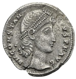 obverse: Constantius II, 337-361. Siliqua (Silver, 20.30 mm, 3.10 g) Antioch, 347/355. DN CONSTAN TIVS PF AVG Head of Constantius right wearing pearl diadem. Rev. VOTIS XX MVLTIS XXX within laurel wreath with cross-shape palmette on top and ribbons below, ANT in exergue. RIC VIII, 105; Cohen 339a. Flan crack, otherwise, Very Fine.

