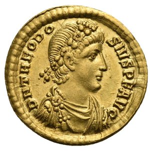 obverse: Theodosius I, 379-395. Solidus (Gold, 20,83 mm, 4,41 g), Constantinopolis, 380-381. D N THEODO SIVS P F AVG Rosette-diademed, draped and cuirassed bust of Theodosius I to right. Rev. CONCOR DIA AVGGG / CONOB Constantinopolis, turreted, seated facing on throne, head to right, holding scepter in her right hand and globe in her left and placing her right foot on a prow. Depeyrot 32/3. RIC 44c. Nearly Extremely Fine.