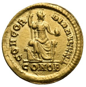 reverse: Theodosius I, 379-395. Solidus (Gold, 20,83 mm, 4,41 g), Constantinopolis, 380-381. D N THEODO SIVS P F AVG Rosette-diademed, draped and cuirassed bust of Theodosius I to right. Rev. CONCOR DIA AVGGG / CONOB Constantinopolis, turreted, seated facing on throne, head to right, holding scepter in her right hand and globe in her left and placing her right foot on a prow. Depeyrot 32/3. RIC 44c. Nearly Extremely Fine.