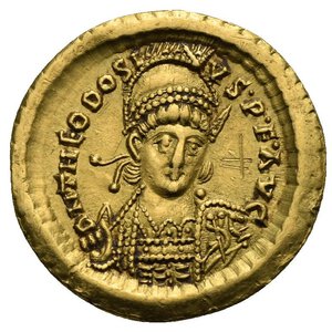 obverse: Theodosius II, 401-450. Solidus (Gold, 21,87 mm, 4,43 g), Constantinopolis, 443-450. D N THEODOSIVS•P•F•AVG Pearl-diademed, helmeted and cuirassed bust of Theodosius II facing, his head turned slightly to right, holding spear in his right hand and with a shield, decorated with a horseman spearing a fallen foe, over his left shoulder. Rev. IMP•XXXXII•COS•XVII•P•P• / COMOB Constantinopolis seated left, holding globus cruciger in her right hand and scepter in her left; shield at her side; in field to left, star. Depeyrot 84/1. RIC 292. Well centred, some banker scratches, otherwise, Near Extremely fine.