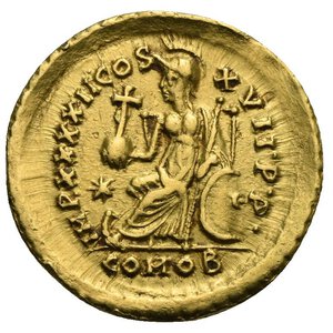 reverse: Theodosius II, 401-450. Solidus (Gold, 21,87 mm, 4,43 g), Constantinopolis, 443-450. D N THEODOSIVS•P•F•AVG Pearl-diademed, helmeted and cuirassed bust of Theodosius II facing, his head turned slightly to right, holding spear in his right hand and with a shield, decorated with a horseman spearing a fallen foe, over his left shoulder. Rev. IMP•XXXXII•COS•XVII•P•P• / COMOB Constantinopolis seated left, holding globus cruciger in her right hand and scepter in her left; shield at her side; in field to left, star. Depeyrot 84/1. RIC 292. Well centred, some banker scratches, otherwise, Near Extremely fine.