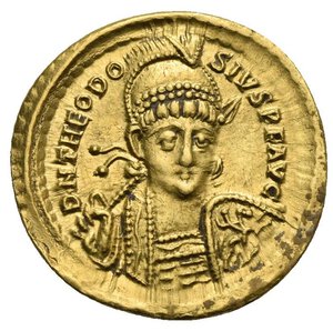 obverse: Theodosius II, 402-450. Solidus (Gold, 21,82 mm, 4,33 g), Constantinopolis, 420-422. D N THEODO-SIVS P F AVG Helmeted and cuirassed bust of Theodosius II facing, wearing pearl diadem and holding a spear with his right hand and a shield, decorated with a cavalryman riding over a fallen enemy, over left shoulder. Rev. VOT XX MVLT XXXX I / CONOB Victory standing front, head to left, holding long jeweled cross with her right hand; to left, star. Depeyrot 74/2; RIC 219. About Extremely Fine.