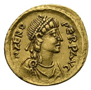 obverse: Zeno, second reign, 476-491. Tremissis (Gold, 14,55 mm, 1,49 g), Constantinopolis. D N ZENO PERP AVG Diademed, draped and cuirassed bust of Zeno to right. Rev. VICTORIA AVGVSTORVM / CONOB Victory advancing right, head to left, holding globus cruciger in her left hand and wreath in her right; in field to right, star. Depeyrot 108/4; RIC 914. Extremely Fine.