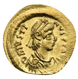 obverse: Justin I, 518-527. Tremissis (Gold, 15,53 mm, 1,49 g), Constantinopolis. D N IVSTINVS P P AVI Diademed, draped and cuirassed bust of Justin I to right. Rev. VICTORIA AVGVSTORVM / CONOB Victory advancing right, her head turned to left, holding wreath in her right hand and globus cruciger in her left; in field to right, star. DOC 4. MIB 5. SB 58. Virtually as struck.