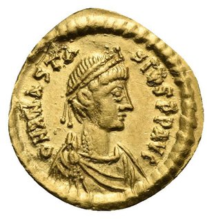 obverse: Justin I, 518-527. Tremissis (Gold, 15,34 mm, 1,45 g), Constantinopolis. D N IVSTINVS P P AVI Diademed, draped and cuirassed bust of Justin I to right. Rev. VICTORIA AVGVSTORVM / CONOB Victory advancing right, her head turned to left, holding wreath in her right hand and globus cruciger in her left; in field to right, star. DOC 4; MIB 5; SB 58. The obverse struck from a somewhat worn die, otherwise, Extremely Fine.