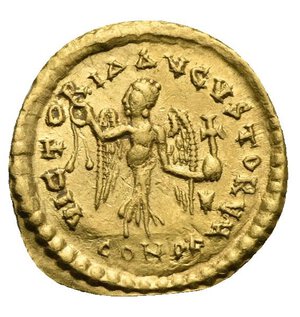reverse: Justin I, 518-527. Tremissis (Gold, 15,34 mm, 1,45 g), Constantinopolis. D N IVSTINVS P P AVI Diademed, draped and cuirassed bust of Justin I to right. Rev. VICTORIA AVGVSTORVM / CONOB Victory advancing right, her head turned to left, holding wreath in her right hand and globus cruciger in her left; in field to right, star. DOC 4; MIB 5; SB 58. The obverse struck from a somewhat worn die, otherwise, Extremely Fine.
