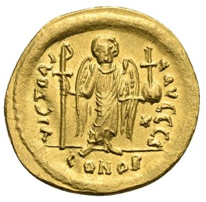 reverse: Justinian I, 527-565. Solidus (Gold, 21,88 mm, 4,48 g), Constantinopolis, 545-565. D N IVSTINIANVS P P AVI Helmeted and cuirassed bust of Justinian facing, holding globus cruciger in his right hand and shield, decorated with cavalryman riding over fallen enemy, in his left. Rev. VICTORIA AVGGG S / CONOB Angel standing facing, holding long linear staff surmounted by staurogram in his right hand and globus cruciger in his left; in field to right, star. DOC 9; MIB 7, SB 140. Some roughness and deposits, otherwise, Good Extremely Fine.