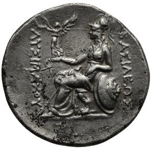 reverse: KINGS of THRACE. Lysimachos. 305-281 BC. Tetradrachm (Silver 30,13 mm, 16,62 g). Lampsakos. Diademed head of the deified Alexander right, with horn of Ammon. Rev. ΒΑΣΙΛΕΩΣ ΛΥΣΙΜΑΧΟΥ Athena Nikephoros seated left, left arm resting on shield; monogram to inner left. Thompson 59; Müller 88; HGC 3, 1750b; SNG BN 2552;  Fine style portrait. Some deposits, otherwise, Very Fine.
From a European collection formed prior to 2005.