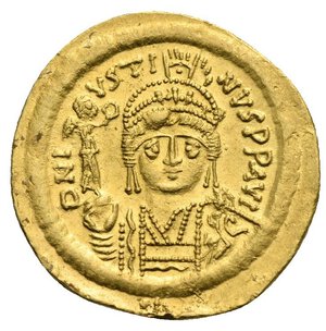 obverse: Justin II, 565-578. Solidus (Gold, 20,78 mm, 4,36 g), Constantinopolis, 566/7-578. D N IVSTINVS P P AVI Helmeted and cuirassed bust of Justin II facing, holding Victory on globe in his right hand and with a shield decorated with a horseman to left over his left shoulder. Rev. VICTORIA AVGGG Γ / CONOB Constantinopolis seated facing on throne, head to right, holding scepter in her right hand and globus cruciger in her left. DOC 4 var. (unlisted officina letter). MIB 4.;SB 345. Well struck on a broad flan. Good Extremely Fine.