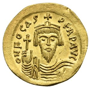 obverse: Phocas, 602-610. Solidus (Gold, 21,81 mm, 4,49 g), Constantinopolis, 603-607. o N FOCAS PЄRP AVG Draped and cuirassed bust of Phocas facing, wearing crown surmounted by cross and holding globus cruciger in his right hand. Rev. VICTORIA AVGG I / CONOB Angel standing facing, holding globus cruciger in his left hand and long linear staff surmounted by staurogram in his right. DOC 5j; MIB 7; SB 618. A lustrous and exceptionally well preserved example with a very sharp portrait.  Virtually as struck.