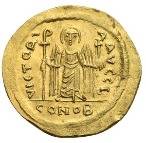reverse: Phocas, 602-610. Solidus (Gold, 21,81 mm, 4,49 g), Constantinopolis, 603-607. o N FOCAS PЄRP AVG Draped and cuirassed bust of Phocas facing, wearing crown surmounted by cross and holding globus cruciger in his right hand. Rev. VICTORIA AVGG I / CONOB Angel standing facing, holding globus cruciger in his left hand and long linear staff surmounted by staurogram in his right. DOC 5j; MIB 7; SB 618. A lustrous and exceptionally well preserved example with a very sharp portrait.  Virtually as struck.