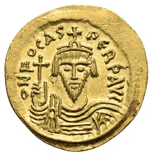 obverse: Phocas, 602-610. Solidus (Gold, 21 mm, 4,50 g, 7 h), Constantinopolis, 603-607. o N FOCAS PЄRP AVG Draped and cuirassed bust of Phocas facing, wearing crown surmounted by cross and holding globus cruciger in his right hand. Rev. VICTORIA AVGG A / CONOB Angel standing facing, holding globus cruciger in his left hand and long linear staff surmounted by staurogram in his right. DOC 5a; MIB 7; SB 618. Virtually as struck.