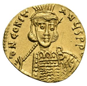 obverse: Constantine IV Pogonatus, 668-685, with Heraclius and Tiberius. Solidus (Gold, 19,56 mm, 4,46 g), Constantinopolis. d N CONSTNЧS P P Diademed, helmeted and cuirassed bust of Constantine IV facing slightly to right, beardless, holding a spear with his right hand and with a shield over his left shoulder. Rev. VICTORIA AVGЧ B / CONOB Cross potent on three steps between standing figures of Heraclius on left and Tiberius on right; both crowned, wearing a chlamys and holding a globus cruciger in their right hands. DOC 4; MIB 4; SB 1151. Near Extremely Fine.