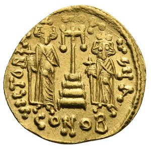 reverse: Constantine IV Pogonatus, 668-685, with Heraclius and Tiberius. Solidus (Gold, 19,56 mm, 4,46 g), Constantinopolis. d N CONSTNЧS P P Diademed, helmeted and cuirassed bust of Constantine IV facing slightly to right, beardless, holding a spear with his right hand and with a shield over his left shoulder. Rev. VICTORIA AVGЧ B / CONOB Cross potent on three steps between standing figures of Heraclius on left and Tiberius on right; both crowned, wearing a chlamys and holding a globus cruciger in their right hands. DOC 4; MIB 4; SB 1151. Near Extremely Fine.