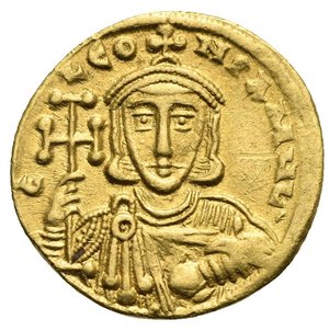 obverse: Constantinus V Copronymus, 741-775. Solidus (Gold, 19.79 mm, 4.39 g) Constantinopolis, circa 741-751. 6 (d retrograde) LεO NPAMЧL’ Facing bust of Leo III, with short beard and wearing crossed crown, clamys and holding potent cross in the right hand and akakia in the left hand. Rev. .C ON SτANτINЧNC (NC linked) Facing bust of Constantinus V with short beard, wearing crossed crown and clamys and holding potent cross in the right hand and akakia in the left hand. DOC 1e.2 var. (reverse legend); Sear 1550. Good Very Fine.
