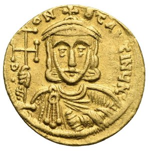 reverse: Constantinus V Copronymus, 741-775. Solidus (Gold, 19.79 mm, 4.39 g) Constantinopolis, circa 741-751. 6 (d retrograde) LεO NPAMЧL’ Facing bust of Leo III, with short beard and wearing crossed crown, clamys and holding potent cross in the right hand and akakia in the left hand. Rev. .C ON SτANτINЧNC (NC linked) Facing bust of Constantinus V with short beard, wearing crossed crown and clamys and holding potent cross in the right hand and akakia in the left hand. DOC 1e.2 var. (reverse legend); Sear 1550. Good Very Fine.
