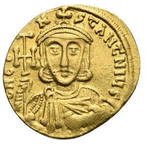 reverse: Constantinus V Copronymus, 741-775. Solidus (Gold, 20.15 mm, 4.41 g) Constantinopolis, circa 741-751. 6 (d retrograde) LεO NPAMЧL’ Facing bust of Leo III, with short beard and wearing crossed crown, clamys and holding potent cross in the right hand and akakia in the left hand. Rev. 6 (d retrograde) NCO N SτANτNIЧS (IN reversed by engraver’s error) Facing bust of Constantinus V with short beard, wearing crossed crown and clamys and holding potent cross in the right hand and akakia in the left hand. DOC 1d.1; Sear 1550. Very Fine.