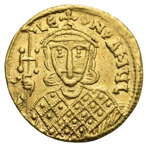 obverse: Constantinus V Copronymus, 741-775. Solidus (Gold, 20.44 mm, 4.46 g) Constantinopolis, circa 751-775. 6 (d retrograde) Lε ONPAMЧL Facing bust of Leo III wearing short beard, crossed crown, loros and holding potent cross in the right hand. Rev. COnSτAnτInOS S LεOn O nεOS   Facing busts of Constantinus V bearded to left and Leo IV beardless to right, both wearing crossed crown and clamys, cross above and pellet lower, between their heads. DOC 2d.1; Sear 1551. Good Very Fine. Rare.
