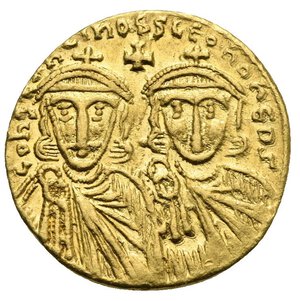 reverse: Constantinus V Copronymus, 741-775. Solidus (Gold, 20.44 mm, 4.46 g) Constantinopolis, circa 751-775. 6 (d retrograde) Lε ONPAMЧL Facing bust of Leo III wearing short beard, crossed crown, loros and holding potent cross in the right hand. Rev. COnSτAnτInOS S LεOn O nεOS   Facing busts of Constantinus V bearded to left and Leo IV beardless to right, both wearing crossed crown and clamys, cross above and pellet lower, between their heads. DOC 2d.1; Sear 1551. Good Very Fine. Rare.
