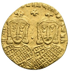 reverse: Leo IV the Khazar, 775-780. Solidus (Gold, 21.36 mm, 4.36 g). Constantinopolis, circa 778-780. LεΟh VS SεζζOh CΟhSτAhτI O hεOS Leo IV bearded to left and his son Constantinus VI beardless to right seated facing on double throne, each wearing crossed crown and clamys, cross above, between them. Rev. LεOh PAP’ COhSτAhτIhOS PAτHR Busts of Leo III to left and his son Constantine V to right facing, both with short beard and wearing crossed crown and loros, pellet between their heads. DOC 2.1; Sear 1584; Berk 233. Good Very Fine. Rare. 