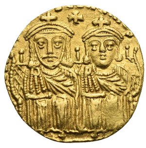 obverse: Leo IV the Khazar, 775-780. Solidus (Gold, 20.53 mm, 4.38 g). Constantinopolis, circa 778-780. LεΟh VS SεζζOh CΟhSτAhτI O hεOS Leo IV bearded to left and his son Constantinus VI beardless to right seated facing on double throne, each wearing crossed crown and clamys, cross above, between them. Rev. LεOh PAP’ COhSτAhτIhOS PAτHR Busts of Leo III to left and his son Constantine V to right facing, both with short beard and wearing crossed crown and loros, pellet between their heads. DOC 2.1; Sear 1584; Berk 233. Good Very Fine. Rare.