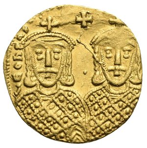 reverse: Leo IV the Khazar, 775-780. Solidus (Gold, 20.53 mm, 4.38 g). Constantinopolis, circa 778-780. LεΟh VS SεζζOh CΟhSτAhτI O hεOS Leo IV bearded to left and his son Constantinus VI beardless to right seated facing on double throne, each wearing crossed crown and clamys, cross above, between them. Rev. LεOh PAP’ COhSτAhτIhOS PAτHR Busts of Leo III to left and his son Constantine V to right facing, both with short beard and wearing crossed crown and loros, pellet between their heads. DOC 2.1; Sear 1584; Berk 233. Good Very Fine. Rare.